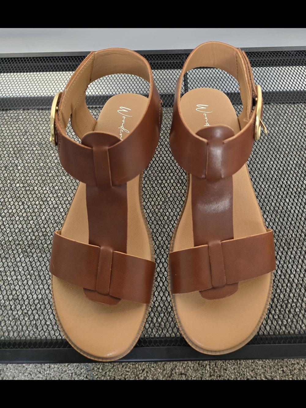 Wonderly Brown Leather T-Strap Sandals with Gold Buckle
